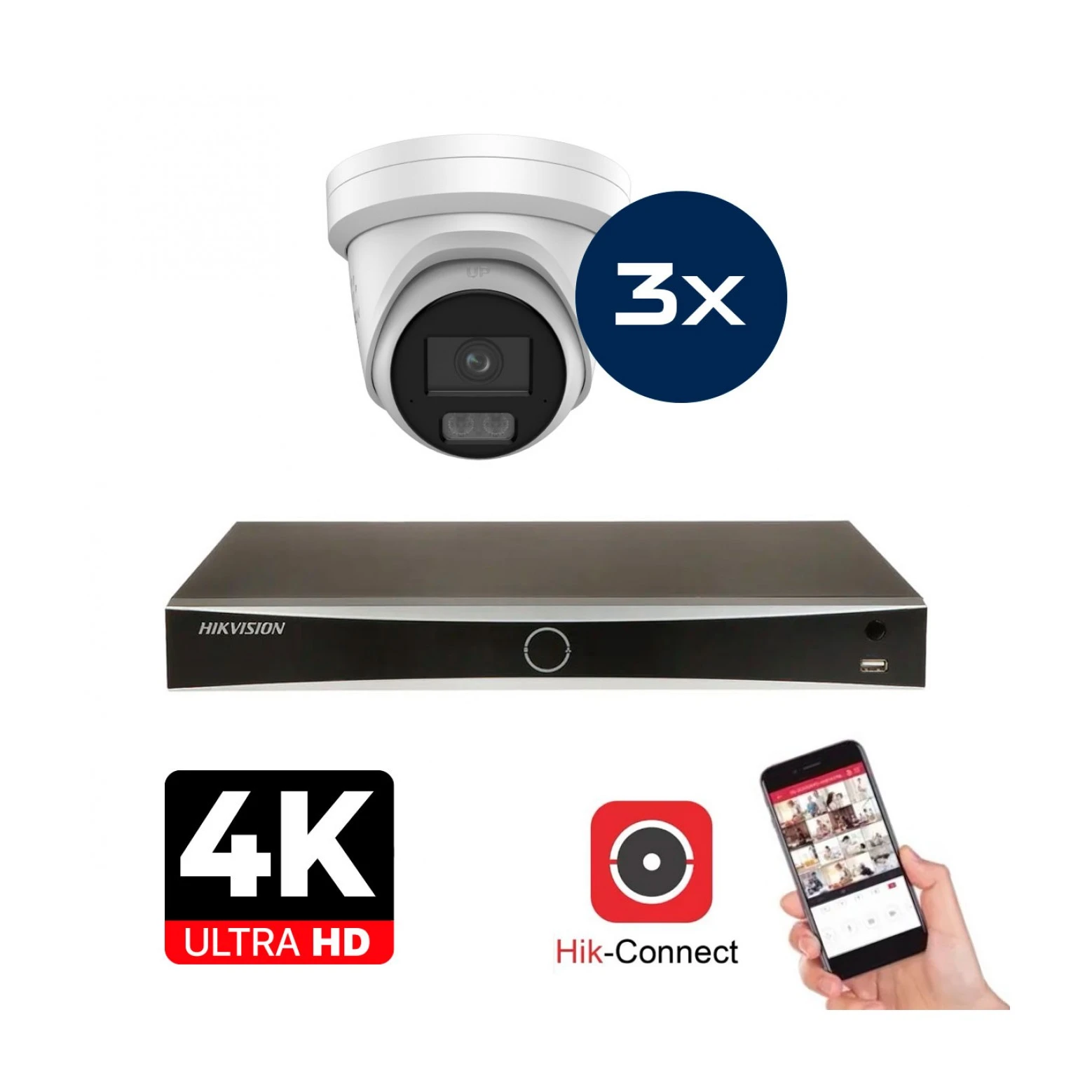 Hikvision Camera Set - 3x Colorvu 3.0 - Turret - 8MP (4K) - Audio en Microfoon - IP - White